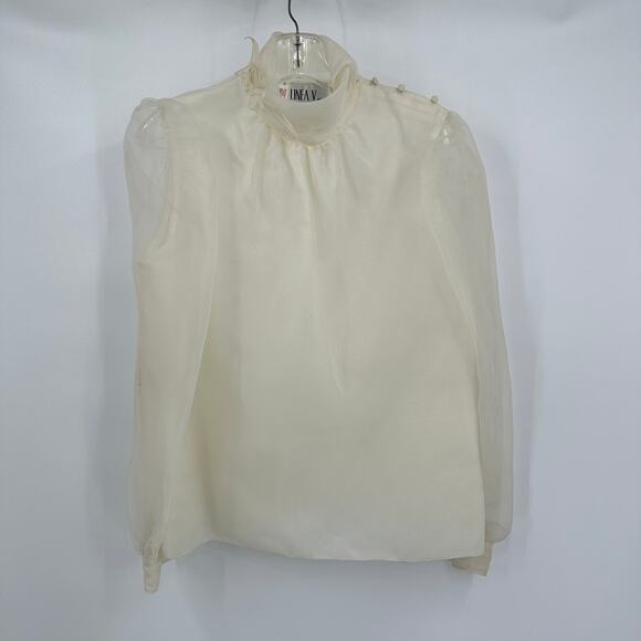 Linea V Women Top Sz 10 Sheer High Neck Puff Sleeve Regency Cottagecore Romantic - Picture 1 of 9